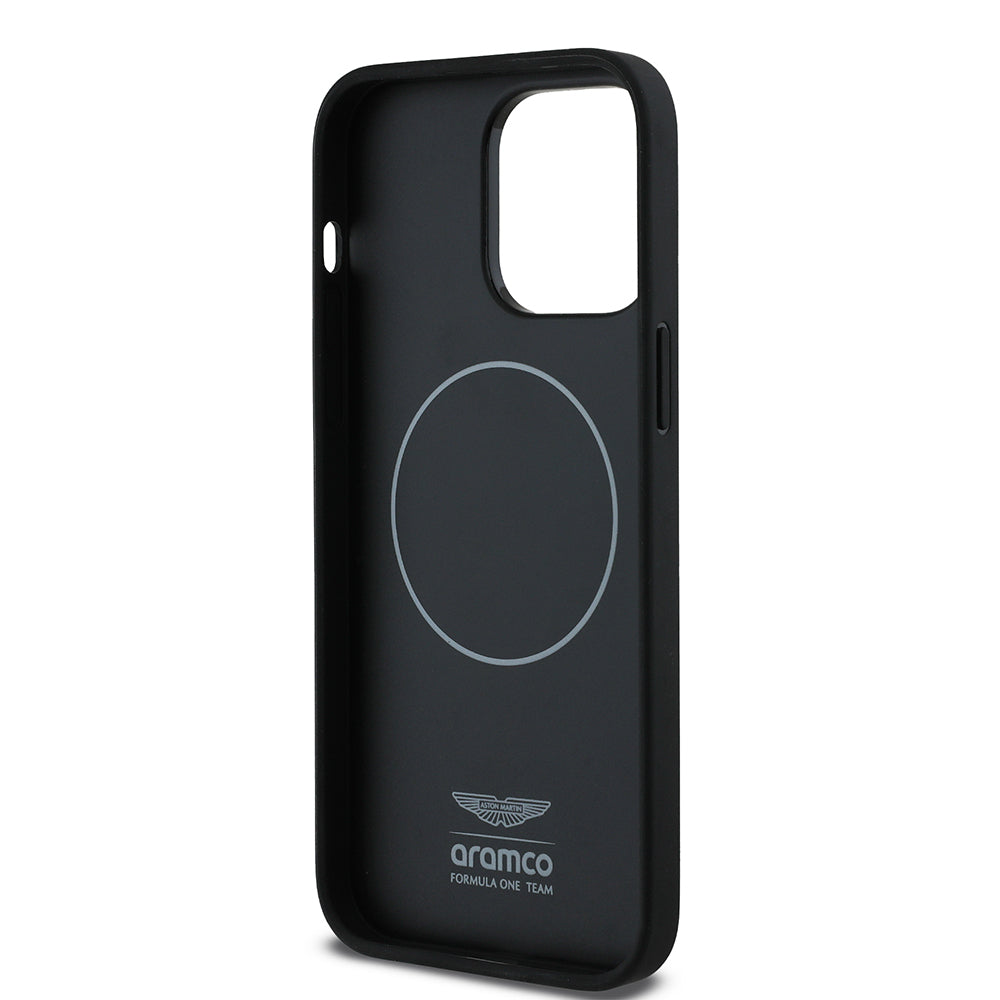 Apple iPhone 14 Pro Max Kılıf Aston Martin Orjinal Lisanslı M-safe Şarj Özellikli PU Deri Alonso 14 Baskılı Kapak Siyah