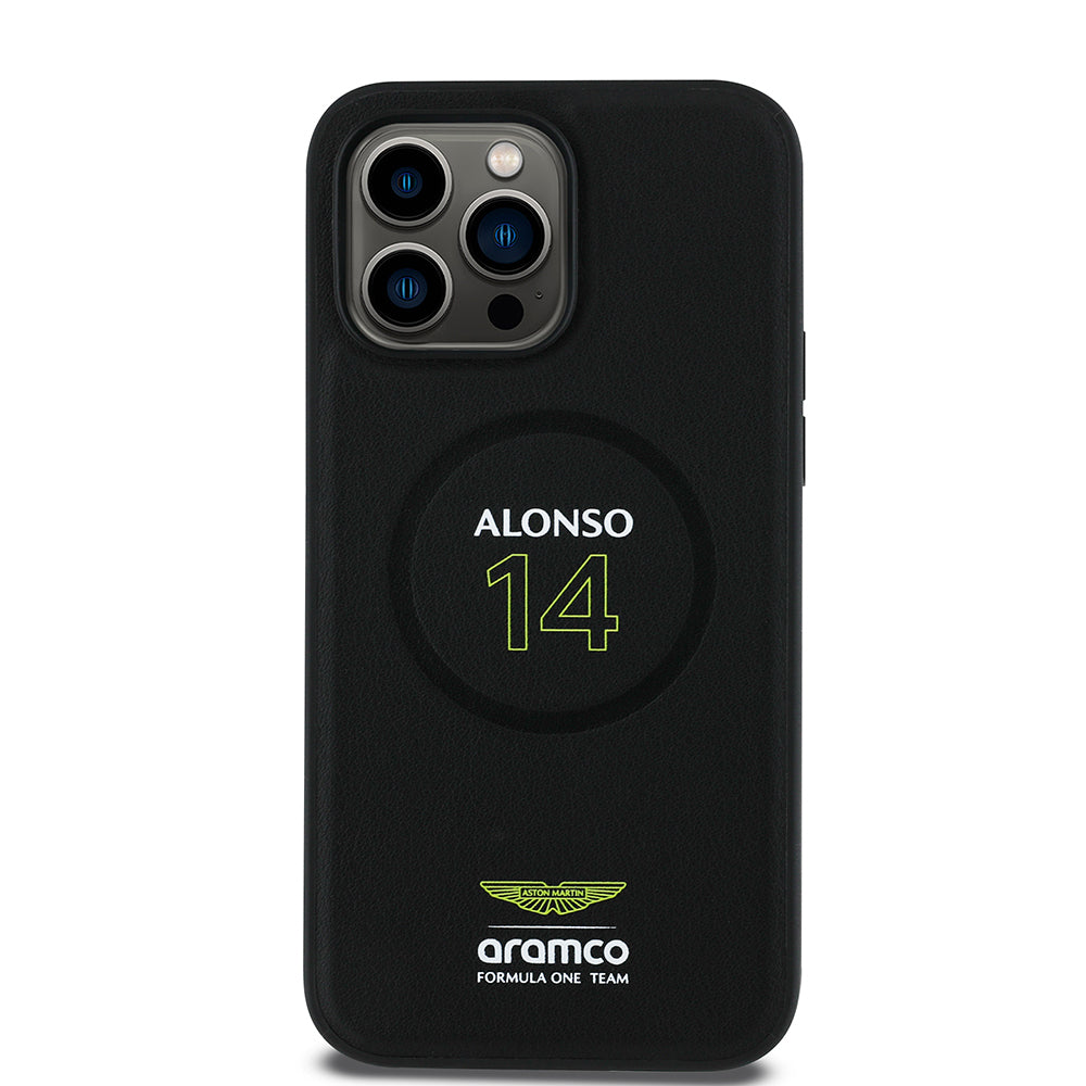 Apple iPhone 14 Pro Max Kılıf Aston Martin Orjinal Lisanslı M-safe Şarj Özellikli PU Deri Alonso 14 Baskılı Kapak Siyah