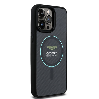 Apple iPhone 14 Pro Max Kılıf Aston Martin Orjinal Lisanslı M-safe Şarj Özellikli Renkli Halka ve Karbon Fiber Tasarımlı Kapak Siyah-Yeşil