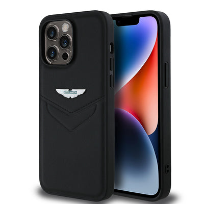 Apple iPhone 14 Pro Max Kılıf Aston Martin Orjinal Lisanslı Victory Dizayn PU Deri Metal Logolu Kapak Siyah