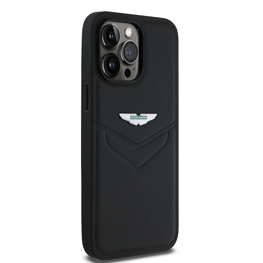 Apple iPhone 14 Pro Max Kılıf Aston Martin Orjinal Lisanslı Victory Dizayn PU Deri Metal Logolu Kapak Siyah