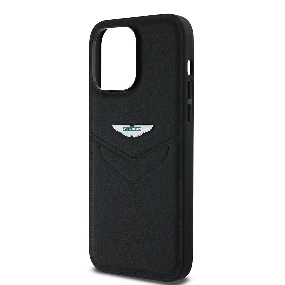 Apple iPhone 14 Pro Max Kılıf Aston Martin Orjinal Lisanslı Victory Dizayn PU Deri Metal Logolu Kapak Siyah