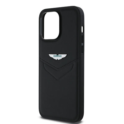 Apple iPhone 14 Pro Max Kılıf Aston Martin Orjinal Lisanslı Victory Dizayn PU Deri Metal Logolu Kapak Siyah