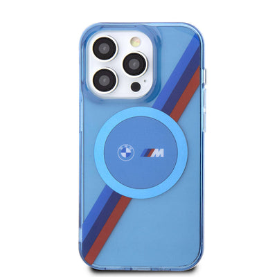 Apple iPhone 14 Pro Max Kılıf BMW Magsafe Şarj Özellikli Transparan Tricolor Stripes Orjinal Lisanslı Kapak Mavi