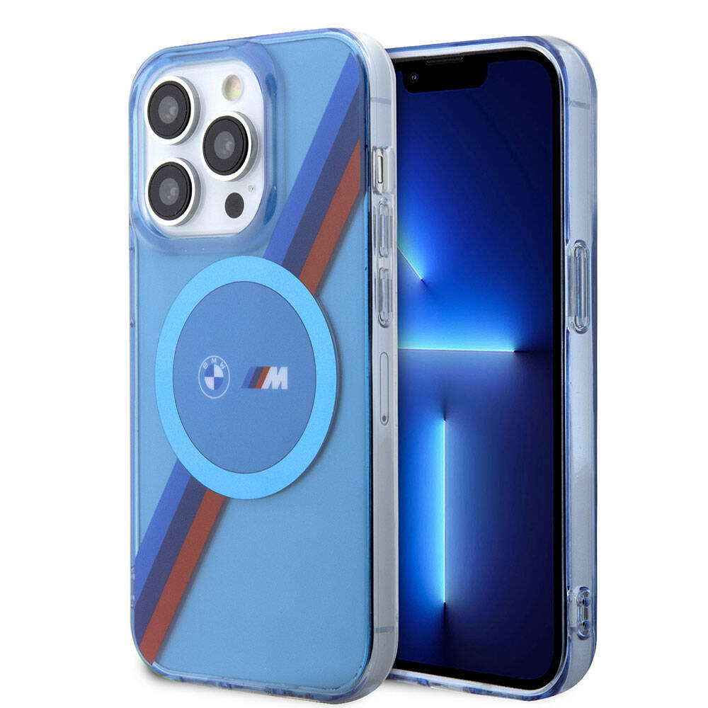Apple iPhone 14 Pro Max Kılıf BMW Magsafe Şarj Özellikli Transparan Tricolor Stripes Orjinal Lisanslı Kapak Mavi