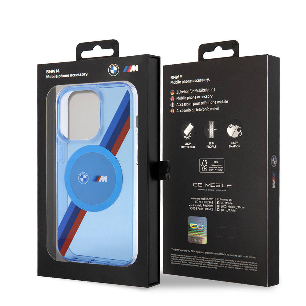 Apple iPhone 14 Pro Max Kılıf BMW Magsafe Şarj Özellikli Transparan Tricolor Stripes Orjinal Lisanslı Kapak Mavi