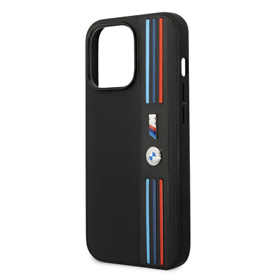 Apple iPhone 14 Pro Max Kılıf BMW PU Deri 3 Renkli Çizgili Örgü Dizayn Kapak Siyah