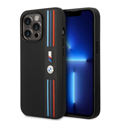 Apple iPhone 14 Pro Max Kılıf BMW PU Deri 3 Renkli Çizgili Örgü Dizayn Kapak Siyah
