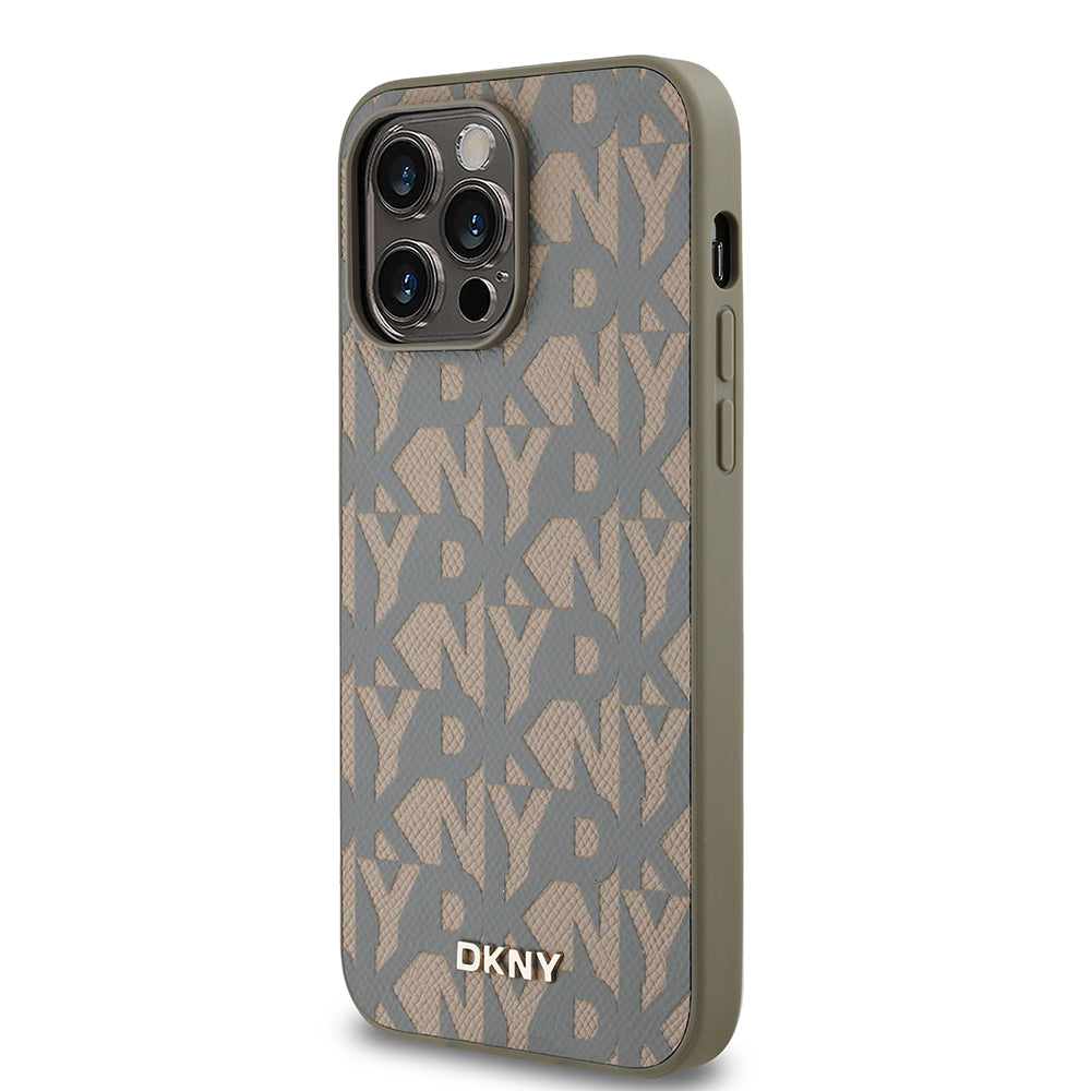 Apple iPhone 14 Pro Max Kılıf DKNY Orjinal Lisanslı M-safe Şarj Özellikli 3D Yazılı Grid Pattern Kapak Kahverengi