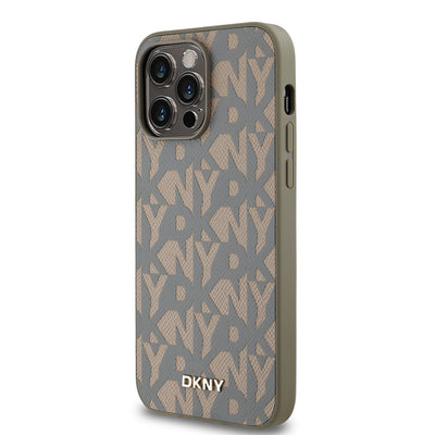 Apple iPhone 14 Pro Max Kılıf DKNY Orjinal Lisanslı M-safe Şarj Özellikli 3D Yazılı Grid Pattern Kapak Kahverengi