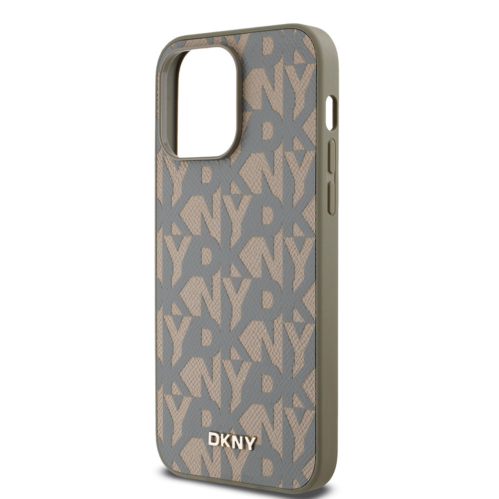 Apple iPhone 14 Pro Max Kılıf DKNY Orjinal Lisanslı M-safe Şarj Özellikli 3D Yazılı Grid Pattern Kapak Kahverengi