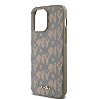 Apple iPhone 14 Pro Max Kılıf DKNY Orjinal Lisanslı M-safe Şarj Özellikli 3D Yazılı Grid Pattern Kapak Kahverengi