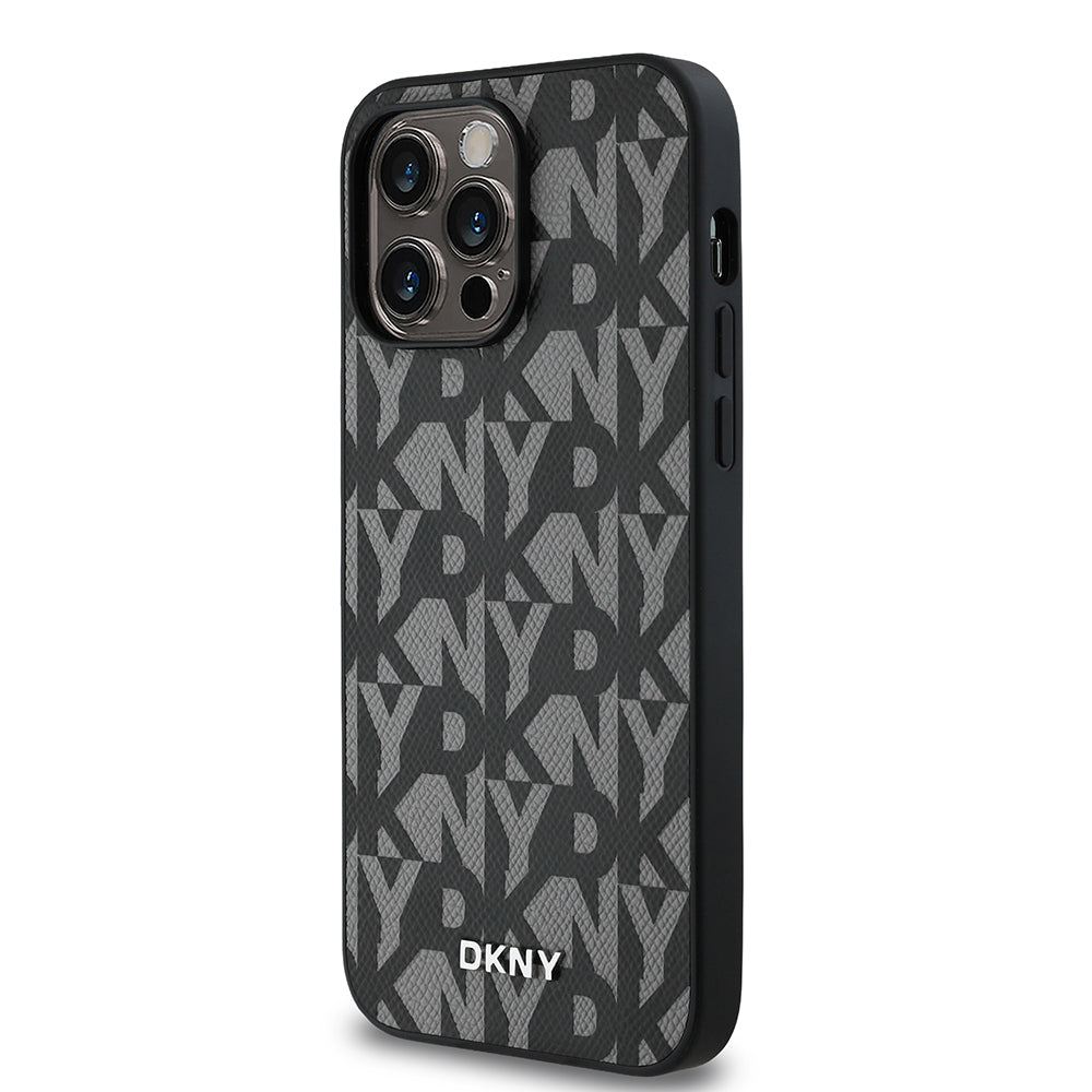 Apple iPhone 14 Pro Max Kılıf DKNY Orjinal Lisanslı M-safe Şarj Özellikli 3D Yazılı Grid Pattern Kapak Gri