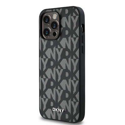 Apple iPhone 14 Pro Max Kılıf DKNY Orjinal Lisanslı M-safe Şarj Özellikli 3D Yazılı Grid Pattern Kapak Gri