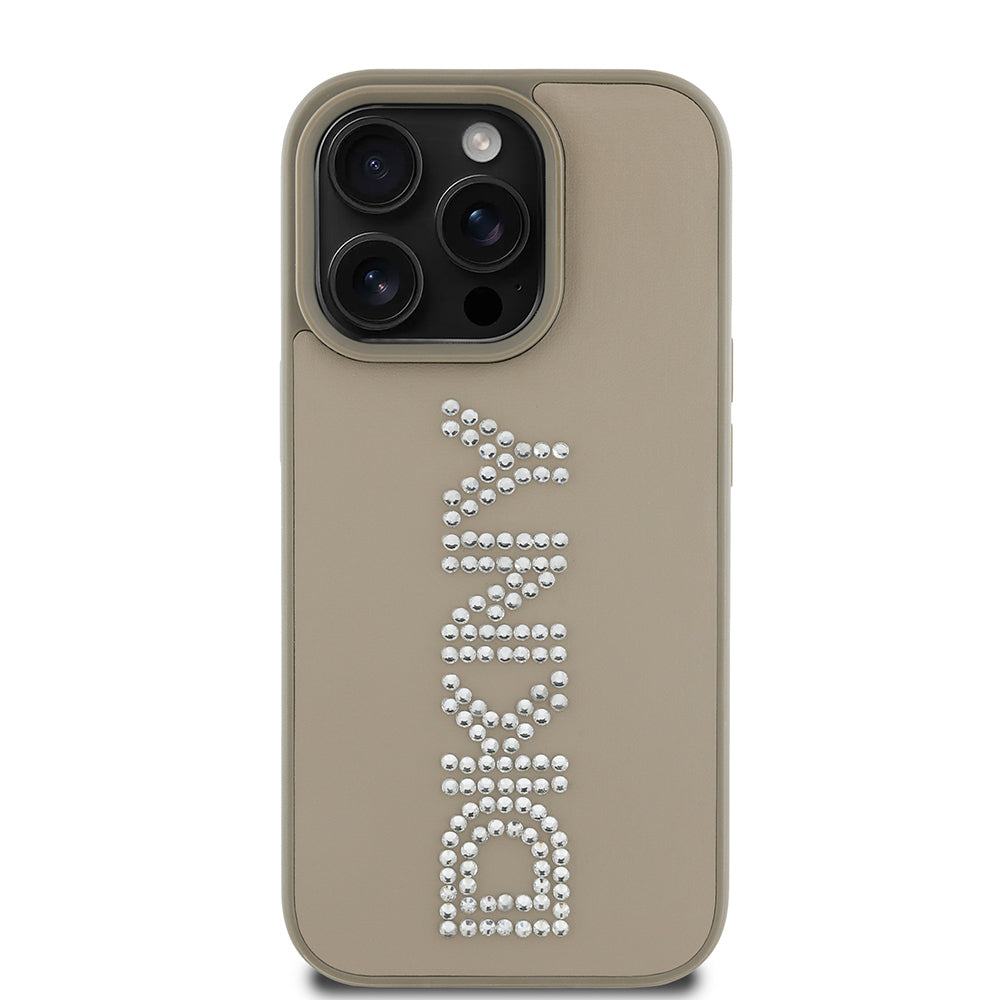 Apple iPhone 14 Pro Max Kılıf DKNY Orjinal Lisanslı Taşlı DKNY Yazılı Metalik Rhinestones PU Deri Kapak Kahverengi