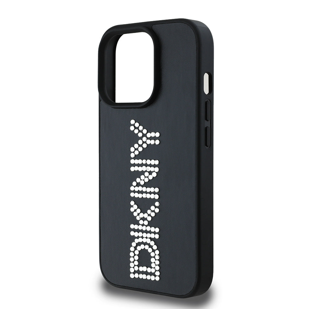 Apple iPhone 14 Pro Max Kılıf DKNY Orjinal Lisanslı Taşlı DKNY Yazılı Metalik Rhinestones PU Deri Kapak Siyah