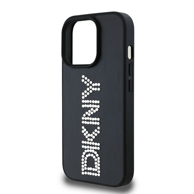 Apple iPhone 14 Pro Max Kılıf DKNY Orjinal Lisanslı Taşlı DKNY Yazılı Metalik Rhinestones PU Deri Kapak Siyah