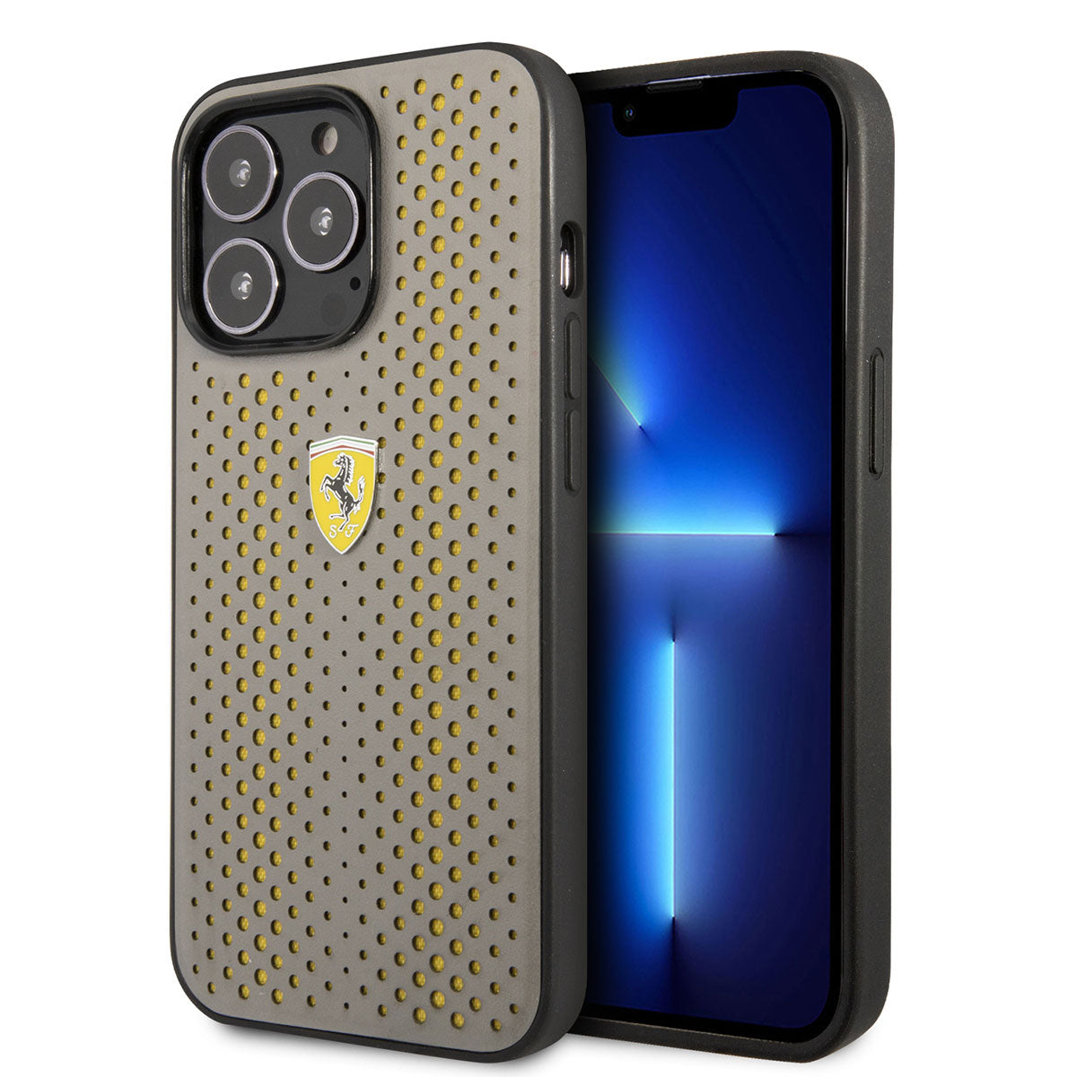 Apple iPhone 14 Pro Max Kılıf Ferrari Deri Sarı Noktalı Dizayn Kapak Kırmızı