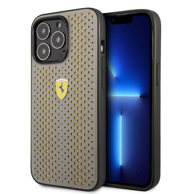 Apple iPhone 14 Pro Max Kılıf Ferrari Deri Sarı Noktalı Dizayn Kapak Kırmızı