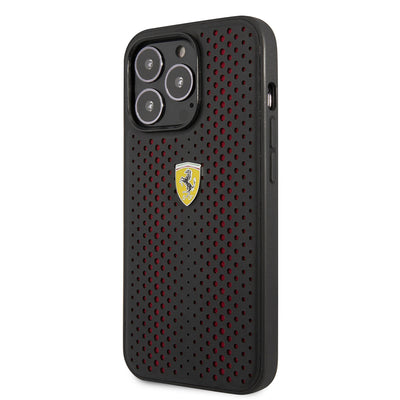 Apple iPhone 14 Pro Max Kılıf Ferrari Deri Sarı Noktalı Dizayn Kapak Kırmızı