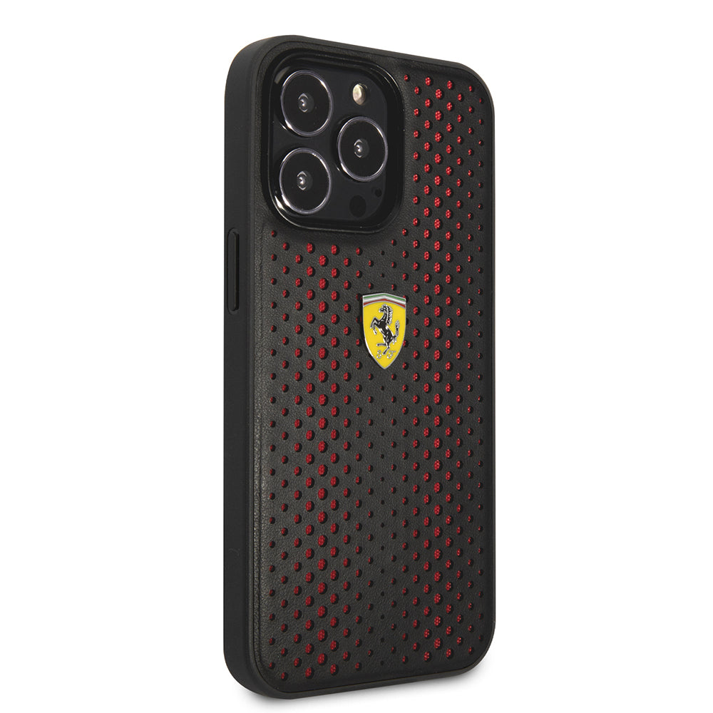 Apple iPhone 14 Pro Max Kılıf Ferrari Deri Sarı Noktalı Dizayn Kapak Kırmızı