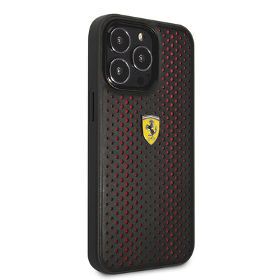 Apple iPhone 14 Pro Max Kılıf Ferrari Deri Sarı Noktalı Dizayn Kapak Kırmızı
