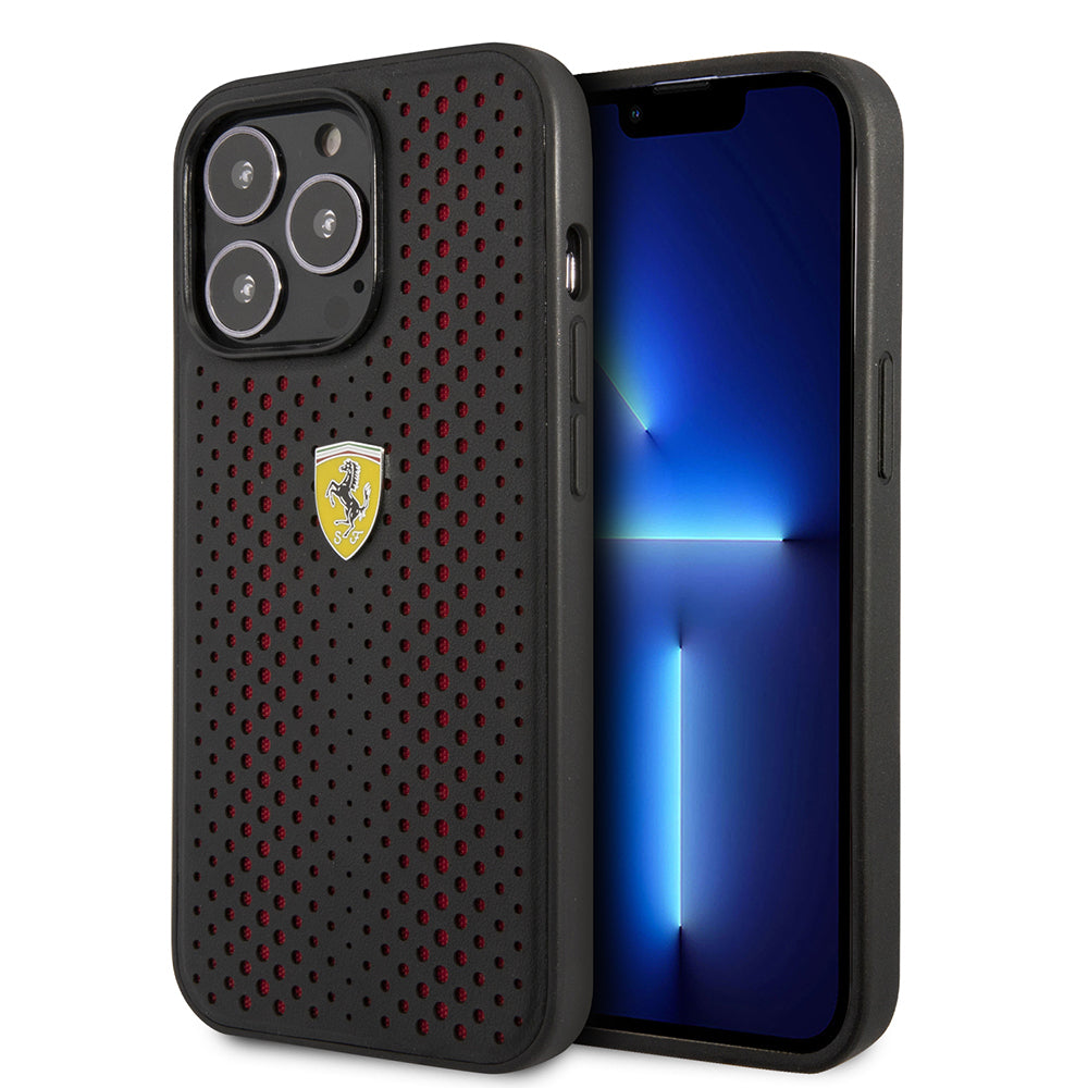 Apple iPhone 14 Pro Max Kılıf Ferrari Deri Sarı Noktalı Dizayn Kapak Kırmızı