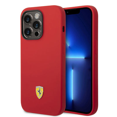 Apple iPhone 14 Pro Max Kılıf Ferrari Magsafe Şarj Özellikli Silikon Metal Logo Dizayn Kapak Kırmızı