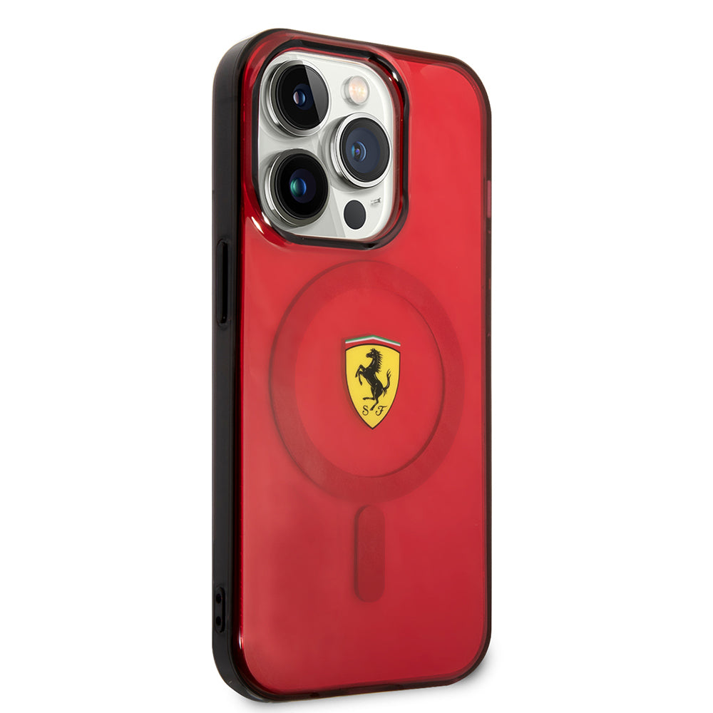 Apple iPhone 14 Pro Max Kılıf Ferrari Magsafe Şarj Özellikli Yarı Transparan Dizayn Kapak Kırmızı