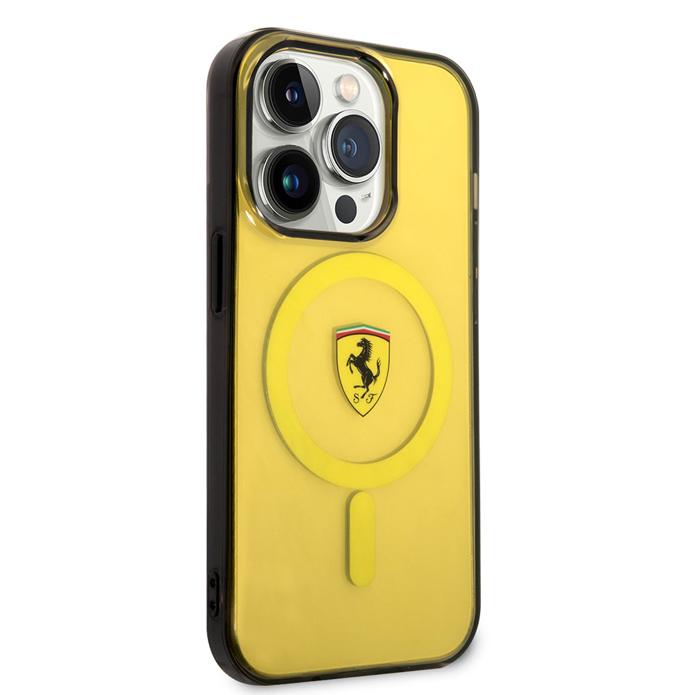 Apple iPhone 14 Pro Max Kılıf Ferrari Magsafe Şarj Özellikli Yarı Transparan Dizayn Kapak Sarı