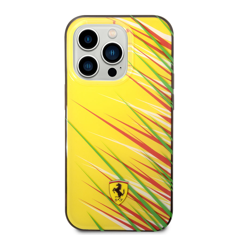 Apple iPhone 14 Pro Max Kılıf Ferrari Orjinal Lisanslı Baskı Logolu Çimen Desenli Kapak Sarı