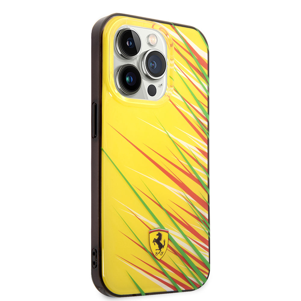 Apple iPhone 14 Pro Max Kılıf Ferrari Orjinal Lisanslı Baskı Logolu Çimen Desenli Kapak Sarı