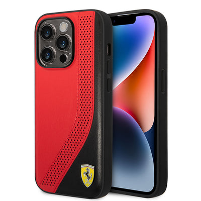 Apple iPhone 14 Pro Max Kılıf Ferrari Orjinal Lisanslı Metal Logolu Deri Delikli Dikişli Dizayn Kapak Kırmızı