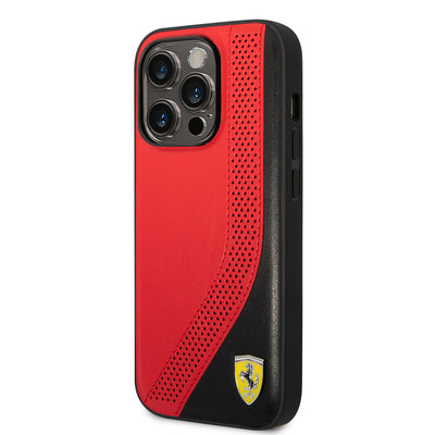 Apple iPhone 14 Pro Max Kılıf Ferrari Orjinal Lisanslı Metal Logolu Deri Delikli Dikişli Dizayn Kapak Kırmızı