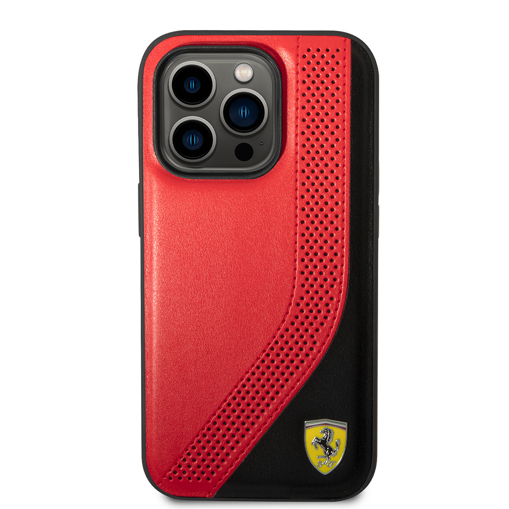 iPhone 14 Pro Max Kılıf Ferrari Orjinal Lisanslı Metal Logolu Deri Delikli Dikişli Dizayn Kılıf