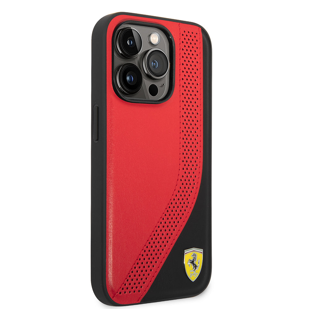 iPhone 14 Pro Max Kılıf Ferrari Orjinal Lisanslı Metal Logolu Deri Delikli Dikişli Dizayn Kılıf