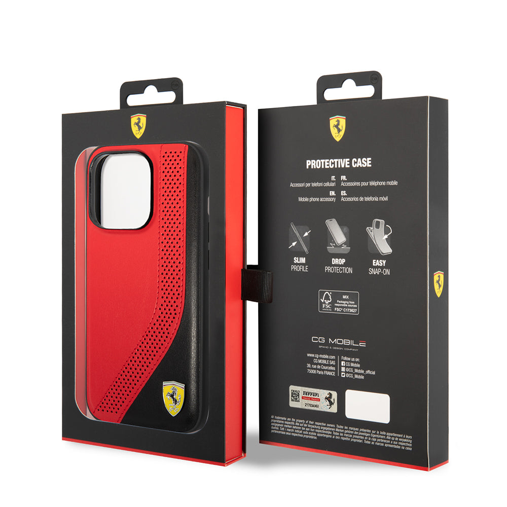 Apple iPhone 14 Pro Max Kılıf Ferrari Orjinal Lisanslı Metal Logolu Deri Delikli Dikişli Dizayn Kapak Kırmızı