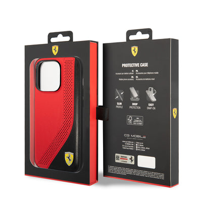 Apple iPhone 14 Pro Max Kılıf Ferrari Orjinal Lisanslı Metal Logolu Deri Delikli Dikişli Dizayn Kapak Kırmızı