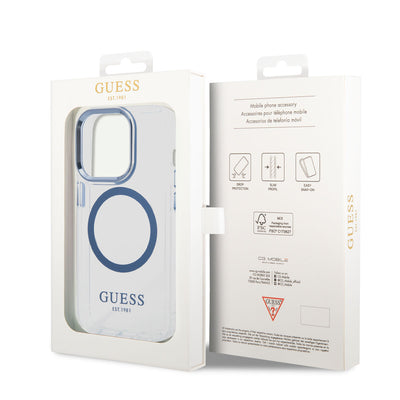 Apple iPhone 14 Pro Max Kılıf GUESS Magsafe Şarj Özellikli Metal Kamera Çerçeveli Kapak Mavi