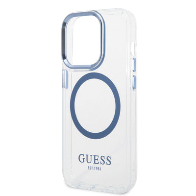 Apple iPhone 14 Pro Max Kılıf GUESS Magsafe Şarj Özellikli Metal Kamera Çerçeveli Kapak Mavi