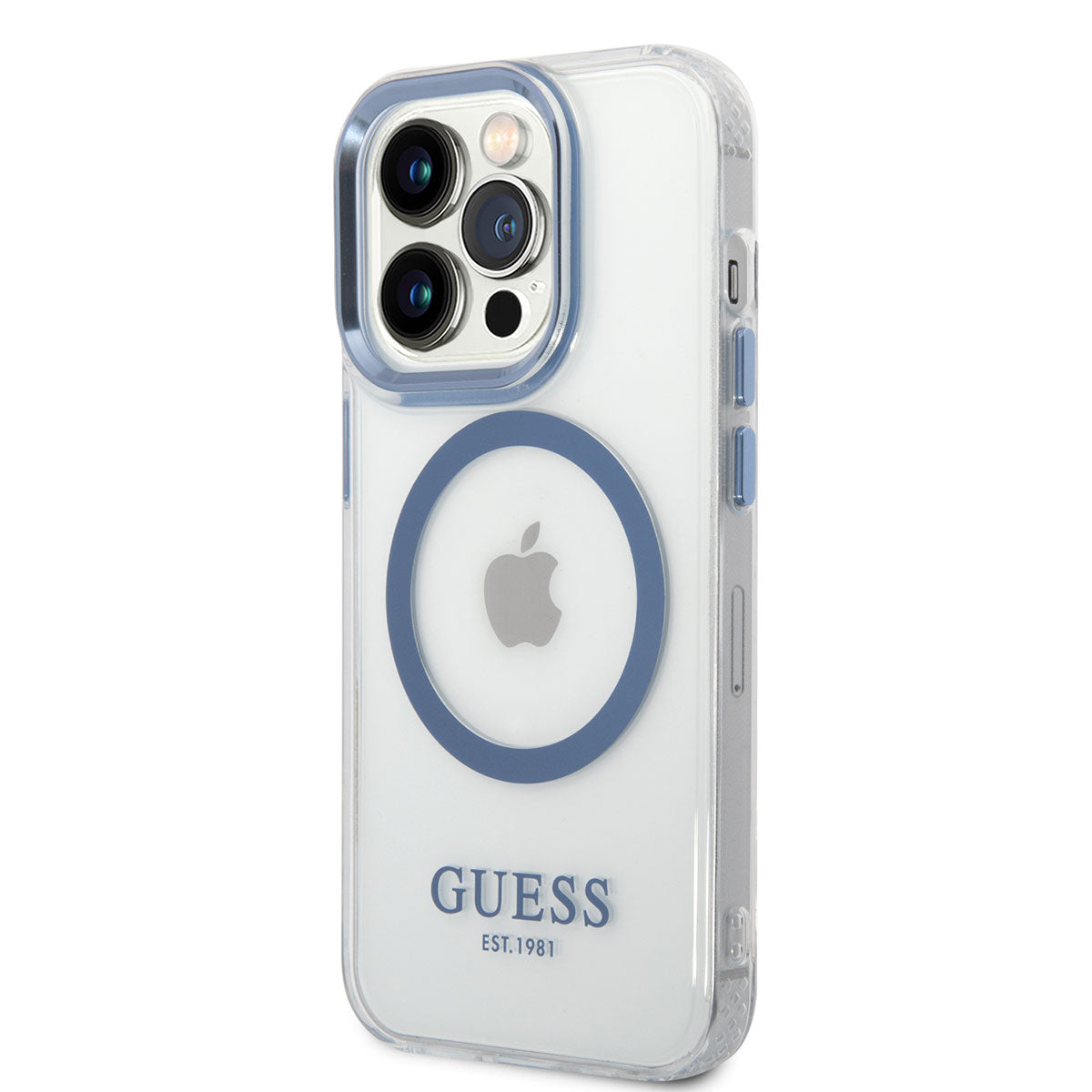 Apple iPhone 14 Pro Max Kılıf GUESS Magsafe Şarj Özellikli Metal Kamera Çerçeveli Kapak Mavi