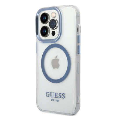 Apple iPhone 14 Pro Max Kılıf GUESS Magsafe Şarj Özellikli Metal Kamera Çerçeveli Kapak Mavi