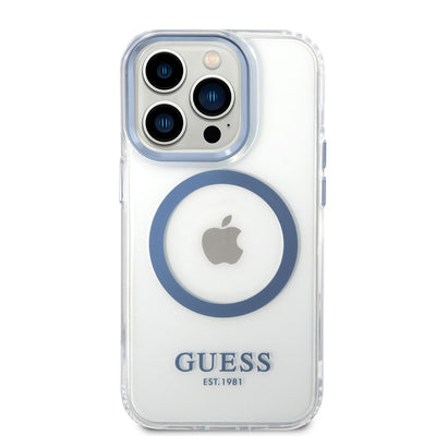 Apple iPhone 14 Pro Max Kılıf GUESS Magsafe Şarj Özellikli Metal Kamera Çerçeveli Kapak Mavi