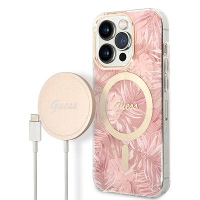 Apple iPhone 14 Pro Max Kılıf GUESS Magsafe Şarj Özellikli Yaprak Desenli Magsafe Şarj Kablolu Kapak Yeşil