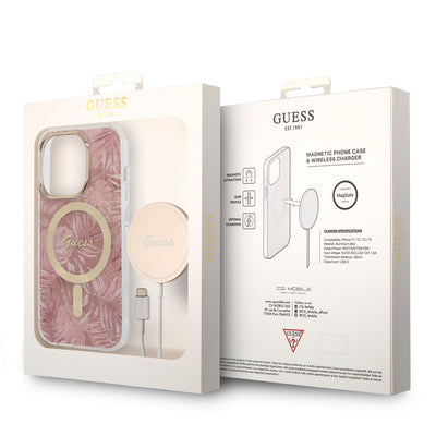 Apple iPhone 14 Pro Max Kılıf GUESS Magsafe Şarj Özellikli Yaprak Desenli Magsafe Şarj Kablolu Kapak Yeşil