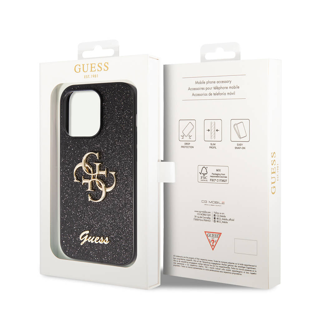Apple iPhone 14 Pro Max Kılıf Guess Orjinal Lisanslı 4G Büyük Metal Logolu Glitter Kapak Gold