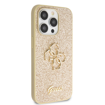 Apple iPhone 14 Pro Max Kılıf Guess Orjinal Lisanslı 4G Büyük Metal Logolu Glitter Kapak Gold