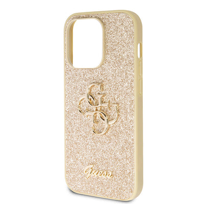 Apple iPhone 14 Pro Max Kılıf Guess Orjinal Lisanslı 4G Büyük Metal Logolu Glitter Kapak Gold