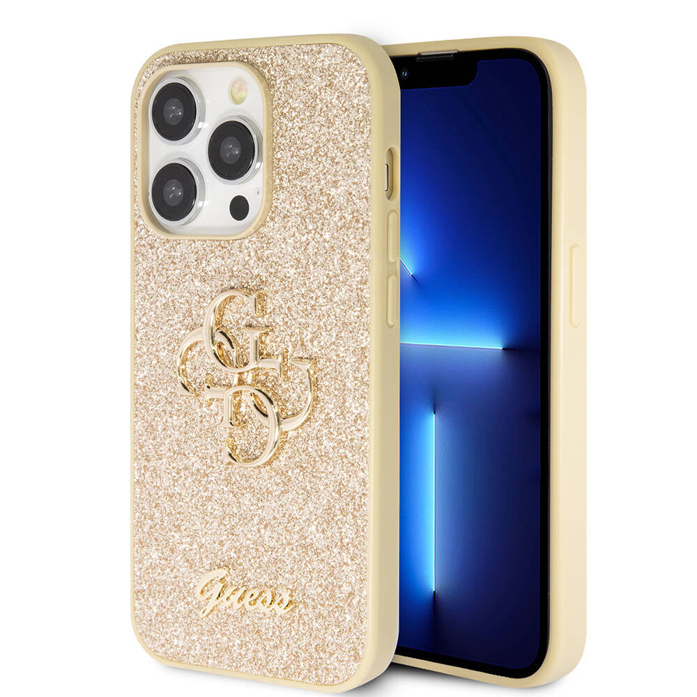 Apple iPhone 14 Pro Max Kılıf Guess Orjinal Lisanslı 4G Büyük Metal Logolu Glitter Kapak Gold