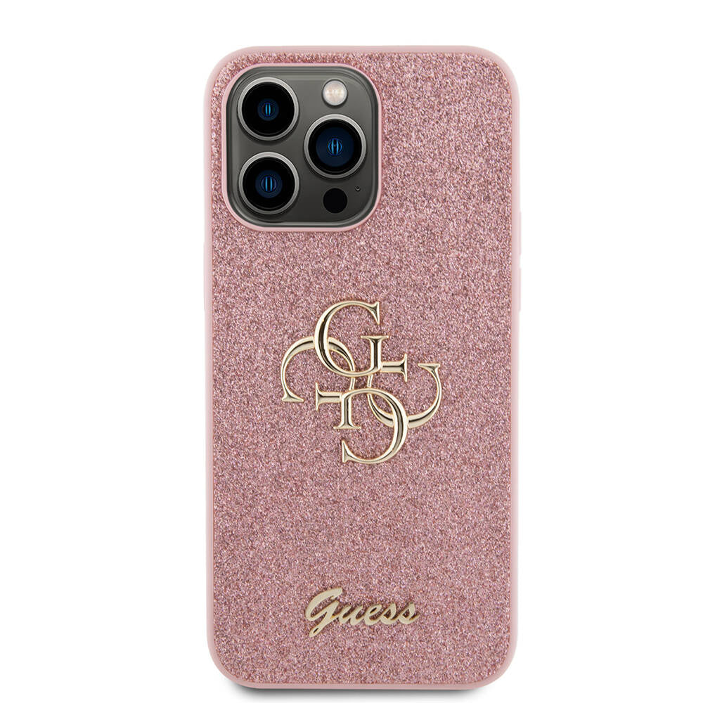 Apple iPhone 14 Pro Max Kılıf Guess Orjinal Lisanslı 4G Büyük Metal Logolu Glitter Kapak Pembe